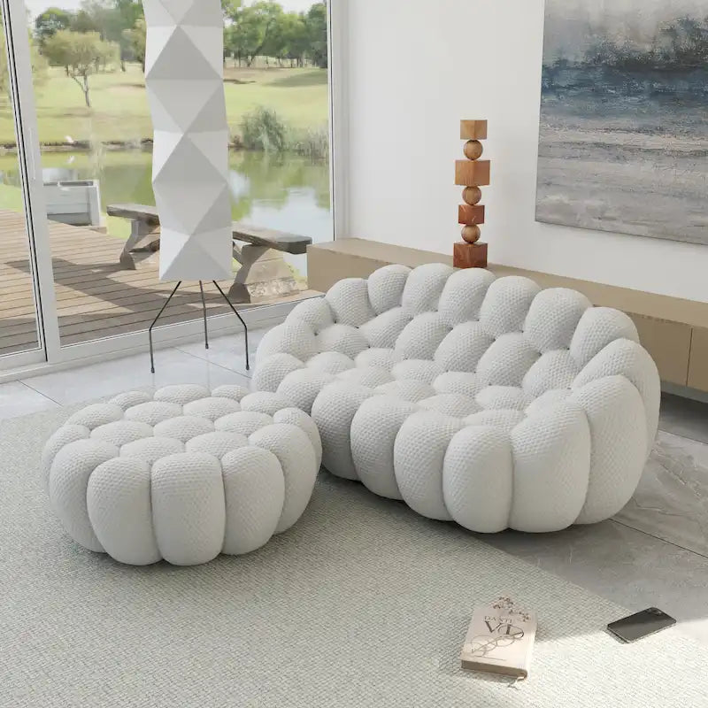 Canapé deux places moderne avec pouf, revêtu de tissu alvéolé 3D.-3