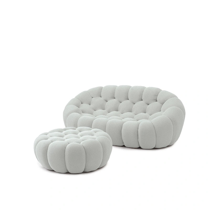Canapé deux places moderne avec pouf, revêtu de tissu alvéolé 3D.-6