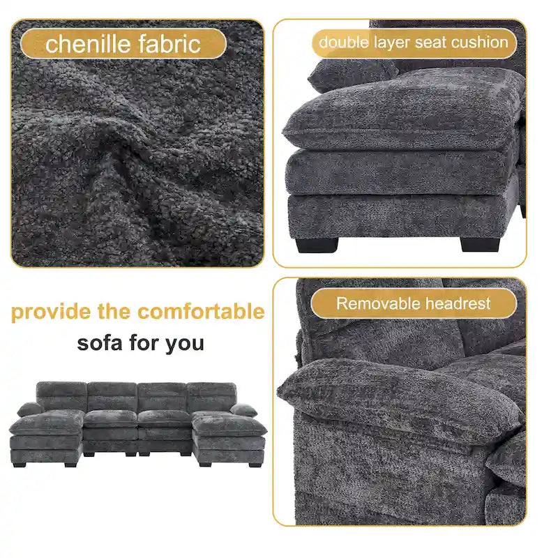 Canapé en forme de U, comprenant deux fauteuils individuels et deux méridiennes, canapé modulable, canapé en chenille-32