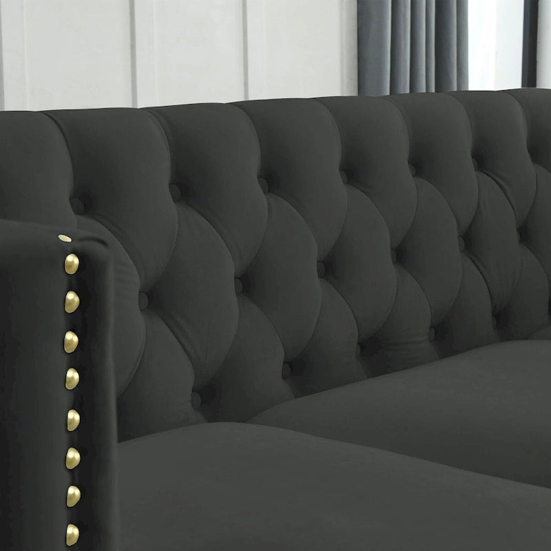 Canapé 3 places en velours, style Chesterfield classique, capitonné, accoudoirs carrés, pieds en métal et boutons décoratifs.-11