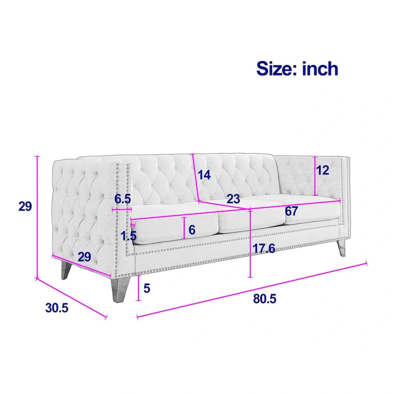 Canapé 3 places en velours, style Chesterfield classique, capitonné, accoudoirs carrés, pieds en métal et boutons décoratifs.-13