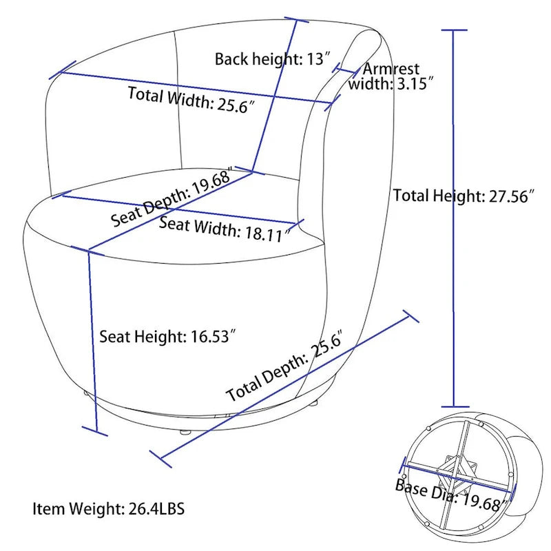 Fauteuil pivotant d'appoint, style tonneau, avec revêtement en poudre noir, bleu-28