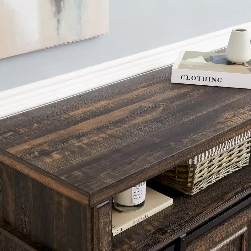 Meuble TV avec rangement intégré, style années 50, meuble TV multifonctionnel à portes coulissantes-7