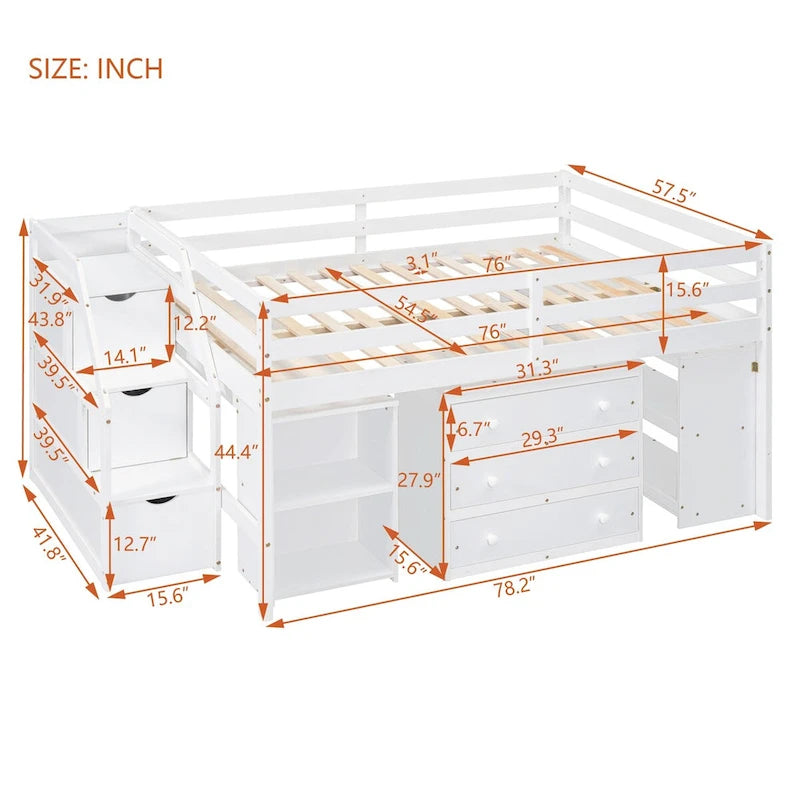 Lit mezzanine Nestfair pleine grandeur avec bureau escamotable et 3 tiroirs-9