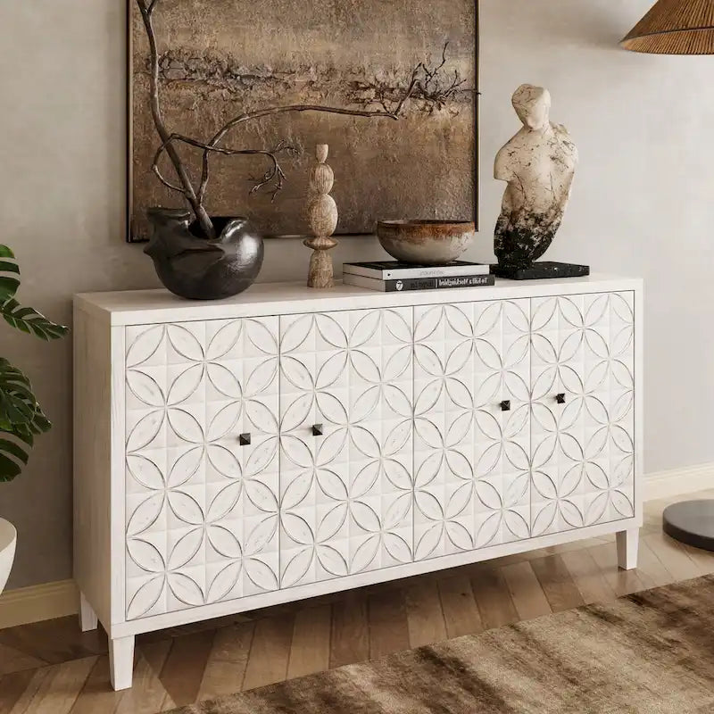 Buffet/meuble de rangement d'appoint moderne en bois blanc délavé à 4 portes de 152 cm (60 po)-4