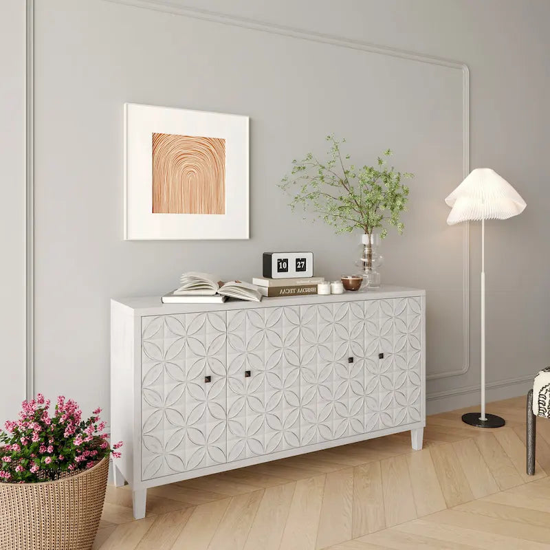 Buffet/meuble de rangement d'appoint moderne en bois blanc délavé à 4 portes de 152 cm (60 po)-5