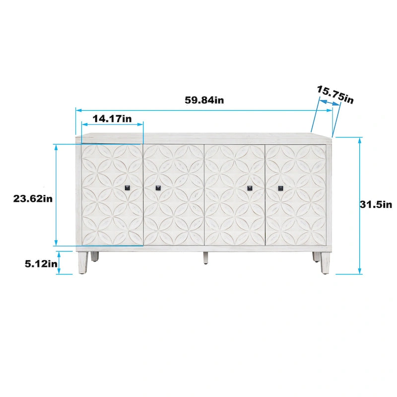 Buffet/meuble de rangement d'appoint moderne en bois blanc délavé à 4 portes de 152 cm (60 po)-6