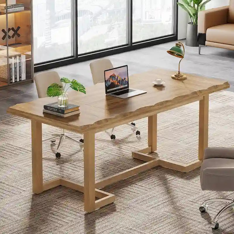 Bureau d'ordinateur rectangulaire en bois de 62,2 pouces avec pieds en bois massif-8