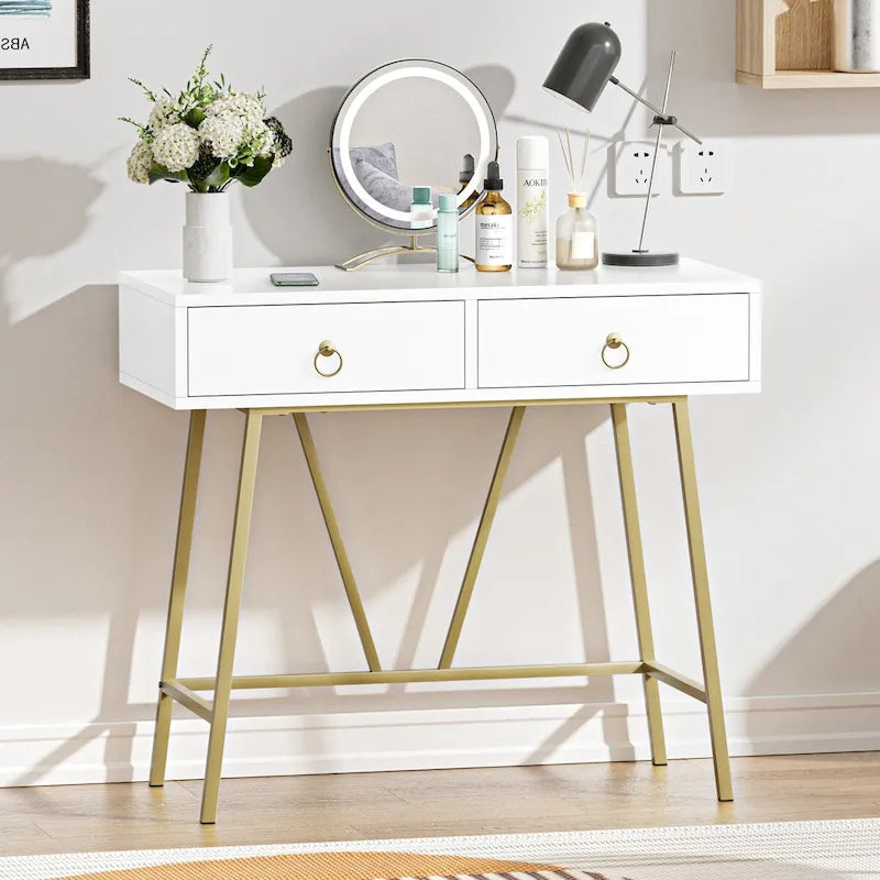 Bureau moderne Anmytek pour la maison, coiffeuse blanche 35,4 cm avec 2 tiroirs et pieds dorés.-16