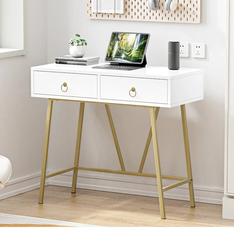 Bureau moderne Anmytek pour la maison, coiffeuse blanche 35,4 cm avec 2 tiroirs et pieds dorés.-2