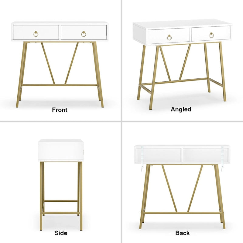 Bureau moderne Anmytek pour la maison, coiffeuse blanche 35,4 cm avec 2 tiroirs et pieds dorés.-4