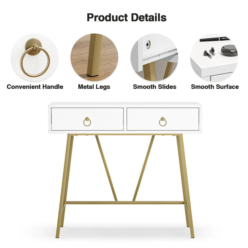 Bureau moderne Anmytek pour la maison, coiffeuse blanche 35,4 cm avec 2 tiroirs et pieds dorés.-5