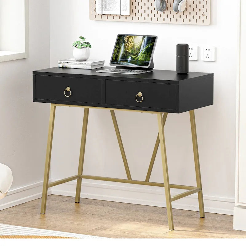 Bureau moderne Anmytek pour la maison, coiffeuse blanche 35,4 cm avec 2 tiroirs et pieds dorés.-11