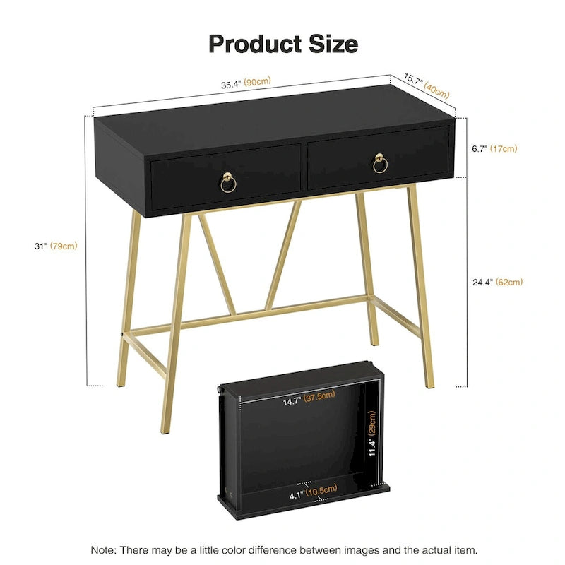 Bureau moderne Anmytek pour la maison, coiffeuse blanche 35,4 cm avec 2 tiroirs et pieds dorés.-12