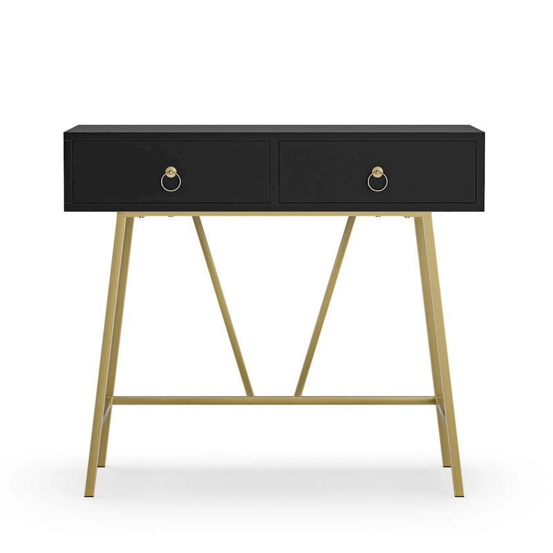 Bureau moderne Anmytek pour la maison, coiffeuse blanche 35,4 cm avec 2 tiroirs et pieds dorés.-13