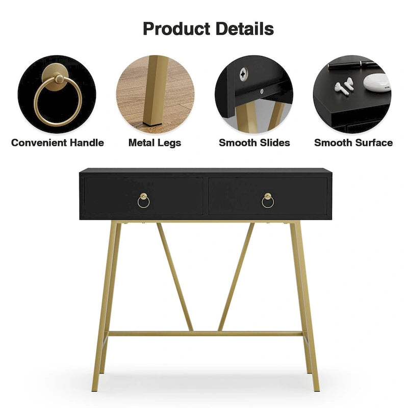 Bureau moderne Anmytek pour la maison, coiffeuse blanche 35,4 cm avec 2 tiroirs et pieds dorés.-14