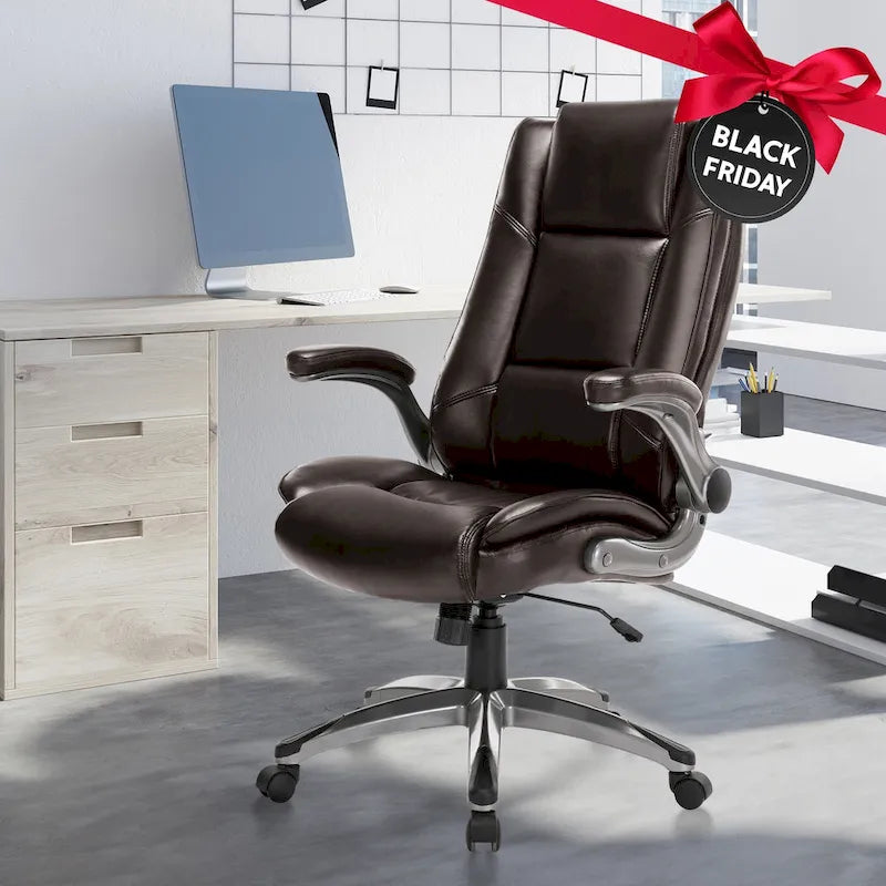 Fauteuil de direction en cuir - Fauteuil de bureau à dossier haut avec accoudoirs rembourrés relevables et inclinaison réglable.