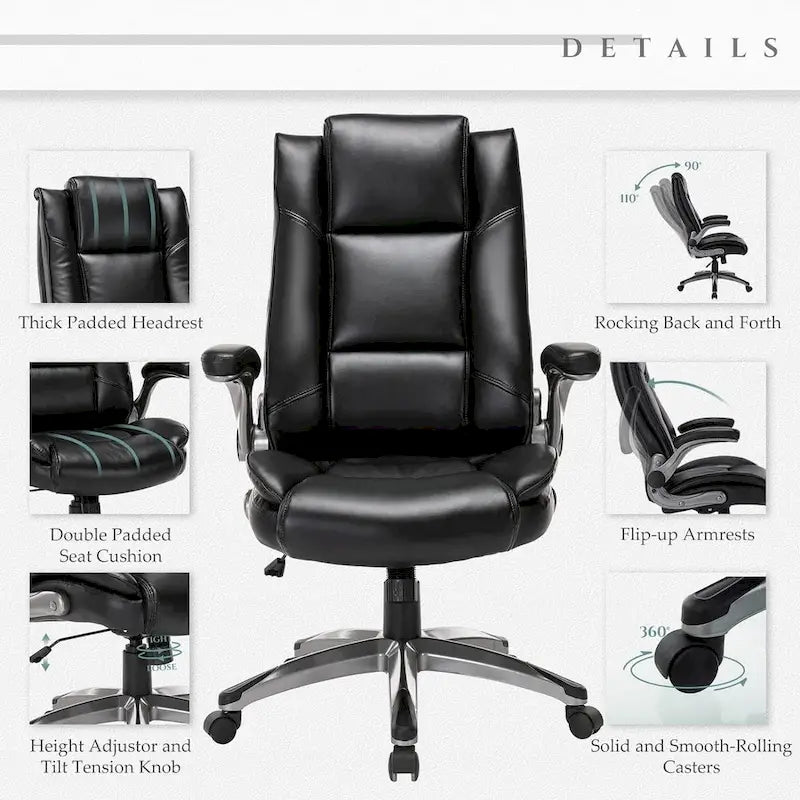 Fauteuil de direction en cuir - Fauteuil de bureau à dossier haut avec accoudoirs rembourrés relevables et inclinaison réglable.-6