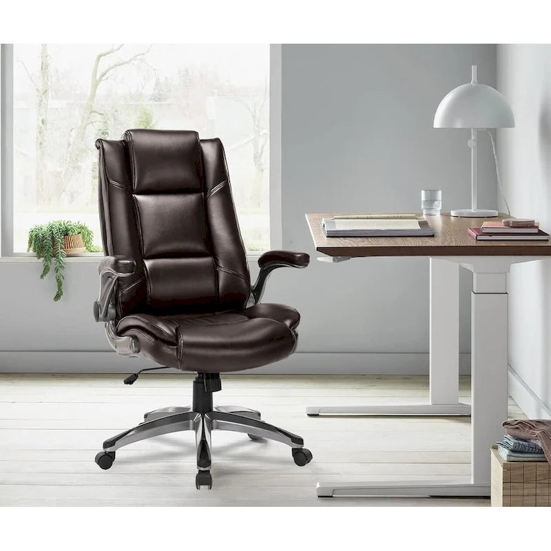 Fauteuil de direction en cuir - Fauteuil de bureau à dossier haut avec accoudoirs rembourrés relevables et inclinaison réglable.-12