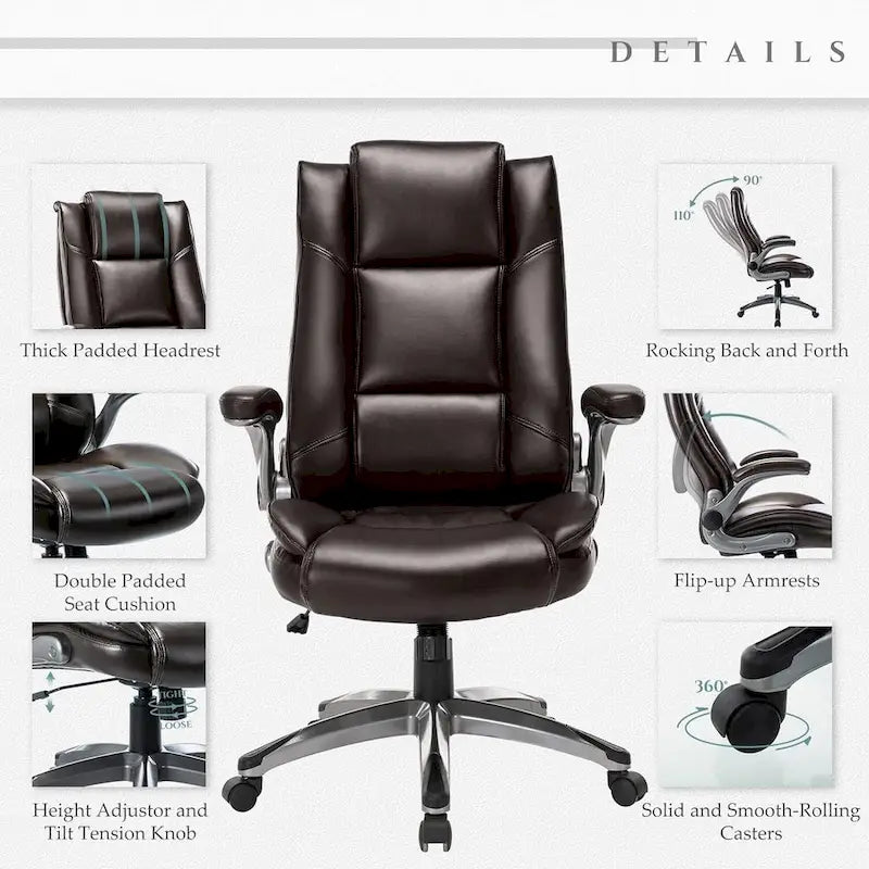 Fauteuil de direction en cuir - Fauteuil de bureau à dossier haut avec accoudoirs rembourrés relevables et inclinaison réglable.-14