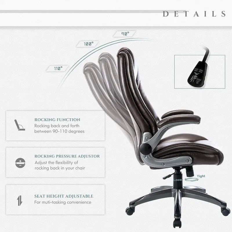 Fauteuil de direction en cuir - Fauteuil de bureau à dossier haut avec accoudoirs rembourrés relevables et inclinaison réglable.-15