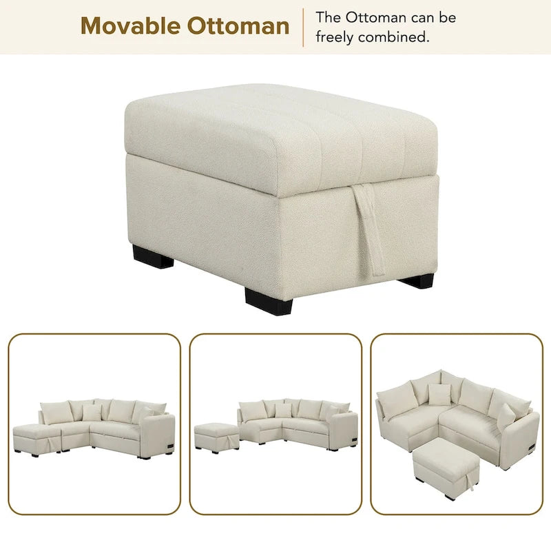 Canapé-lit d'angle en L avec ports USB, prises électriques et pouf de rangement amovible, beige-4