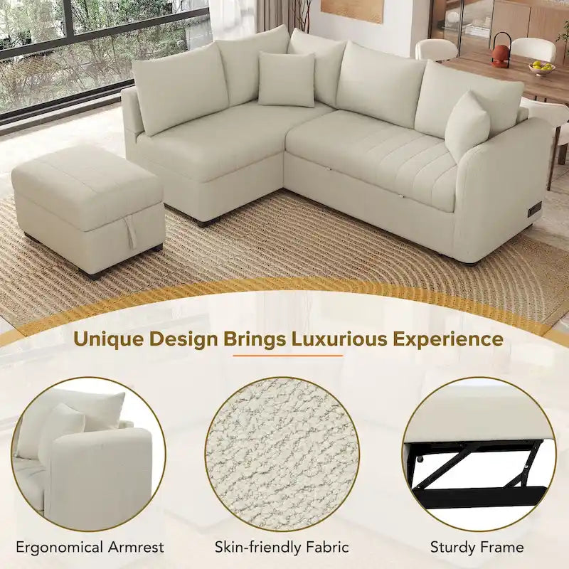 Canapé-lit d'angle en L avec ports USB, prises électriques et pouf de rangement amovible, beige-6