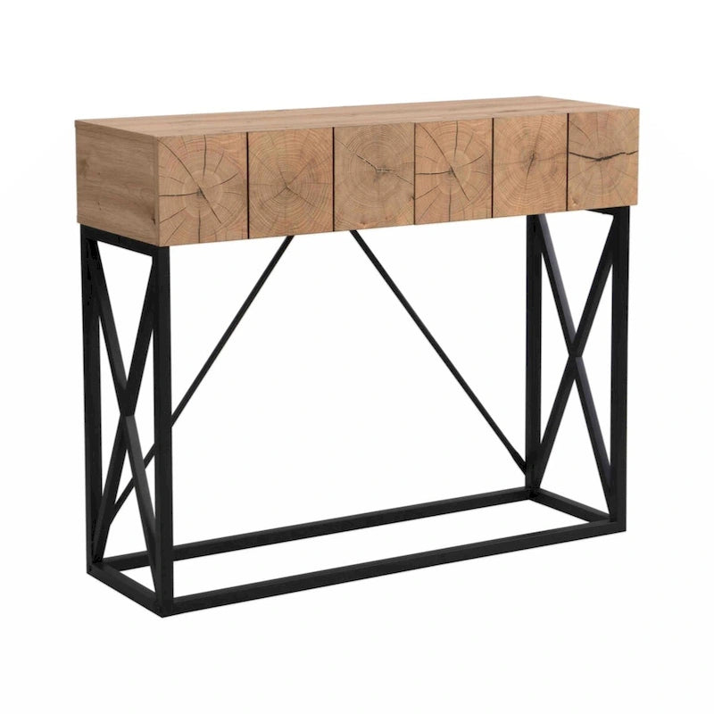 Table console de luxe en bois 43.31, style industriel, idéale pour une entrée ou un salon, avec deux tiroirs.-3