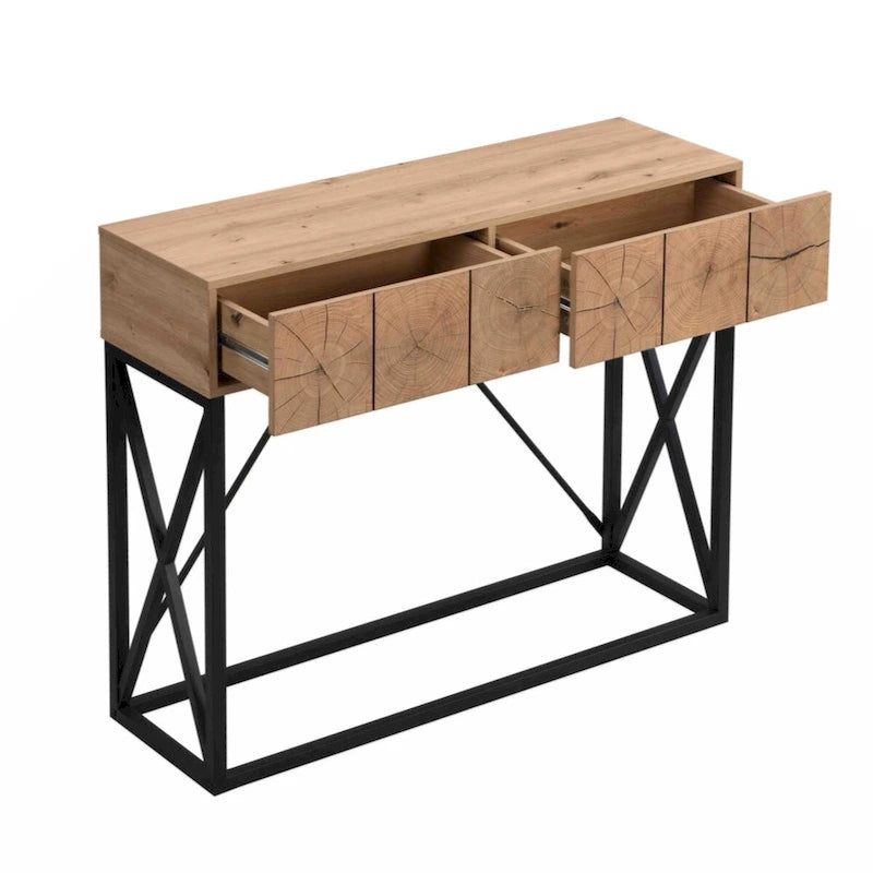 Table console de luxe en bois 43.31, style industriel, idéale pour une entrée ou un salon, avec deux tiroirs.-6