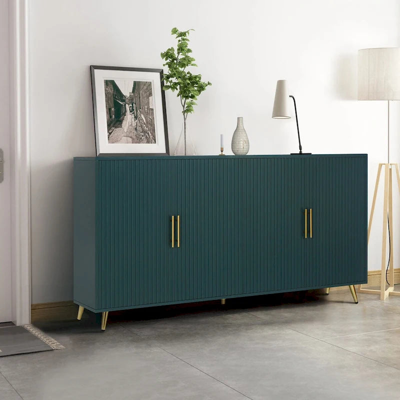 Meuble TV en bois avec armoire de rangement et étagères réglables, console multimédia pour salon ou chambre (bleu marine)-3