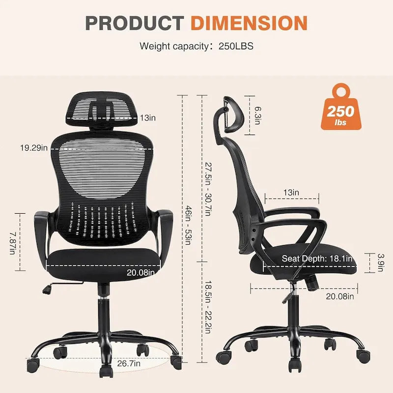 Chaise de bureau ergonomique, chaise de bureau à dossier haut avec appui-tête, chaise de bureau pivotante en maille pour ordinateur à domicile-10