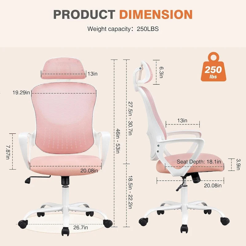Chaise de bureau ergonomique, chaise de bureau à dossier haut avec appui-tête, chaise de bureau pivotante en maille pour ordinateur à domicile-20