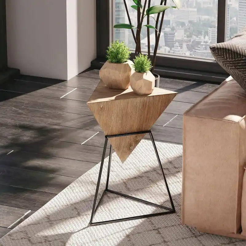 COZAYH Table d'appoint géométrique moderne avec plateau en bois et piètement en métal, support pour plantes original en forme de pyramide, idéale pour le bureau. Forme triangulaire.-3