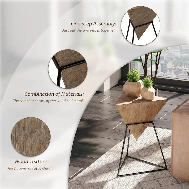 COZAYH Table d'appoint géométrique moderne avec plateau en bois et piètement en métal, support pour plantes original en forme de pyramide, idéale pour le bureau. Forme triangulaire.-6
