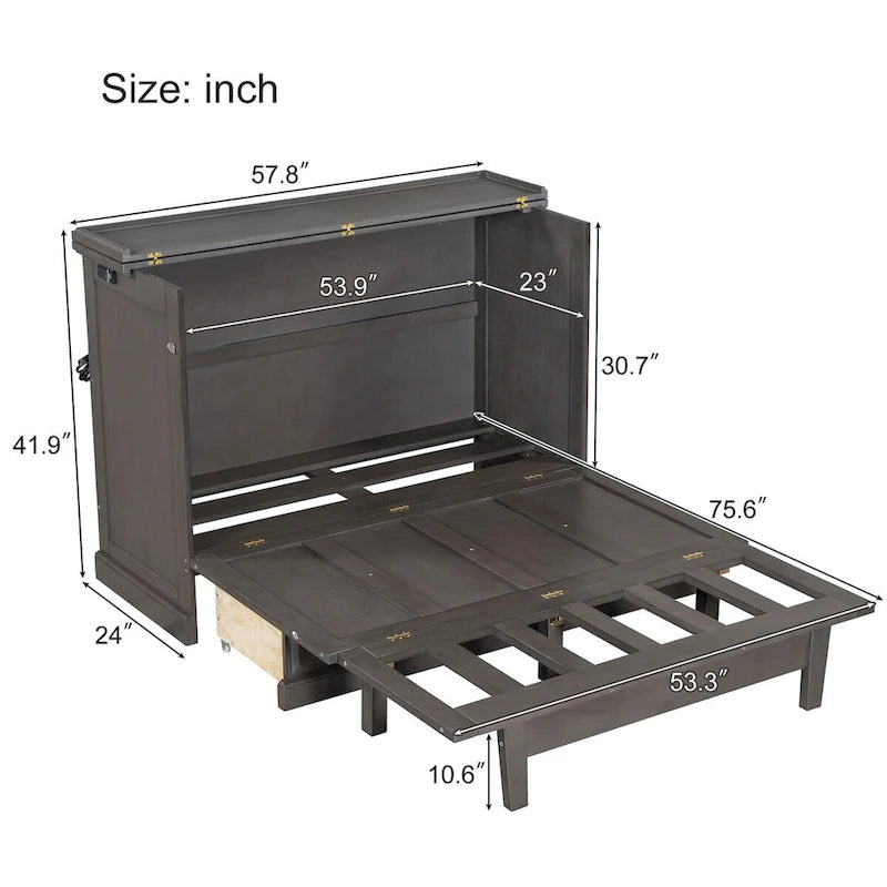 Lit escamotable en pin massif avec commode, station de recharge et grand tiroir de rangement pour petite chambre, format standard.