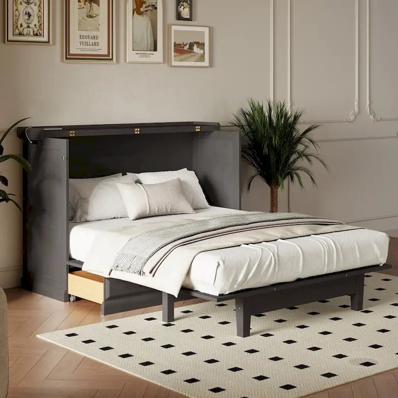 Lit escamotable en pin massif avec commode, station de recharge et grand tiroir de rangement pour petite chambre, format standard.-4