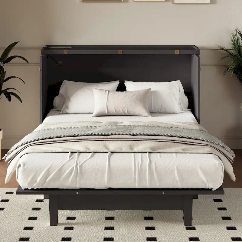 Lit escamotable en pin massif avec commode, station de recharge et grand tiroir de rangement pour petite chambre, format standard.-6