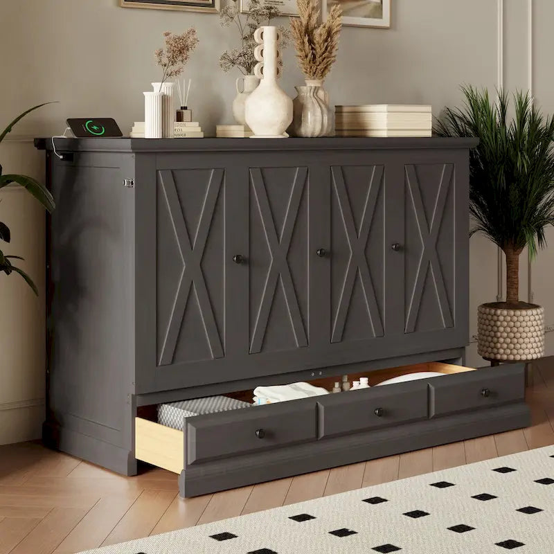 Lit escamotable en pin massif avec commode, station de recharge et grand tiroir de rangement pour petite chambre, format standard.-7