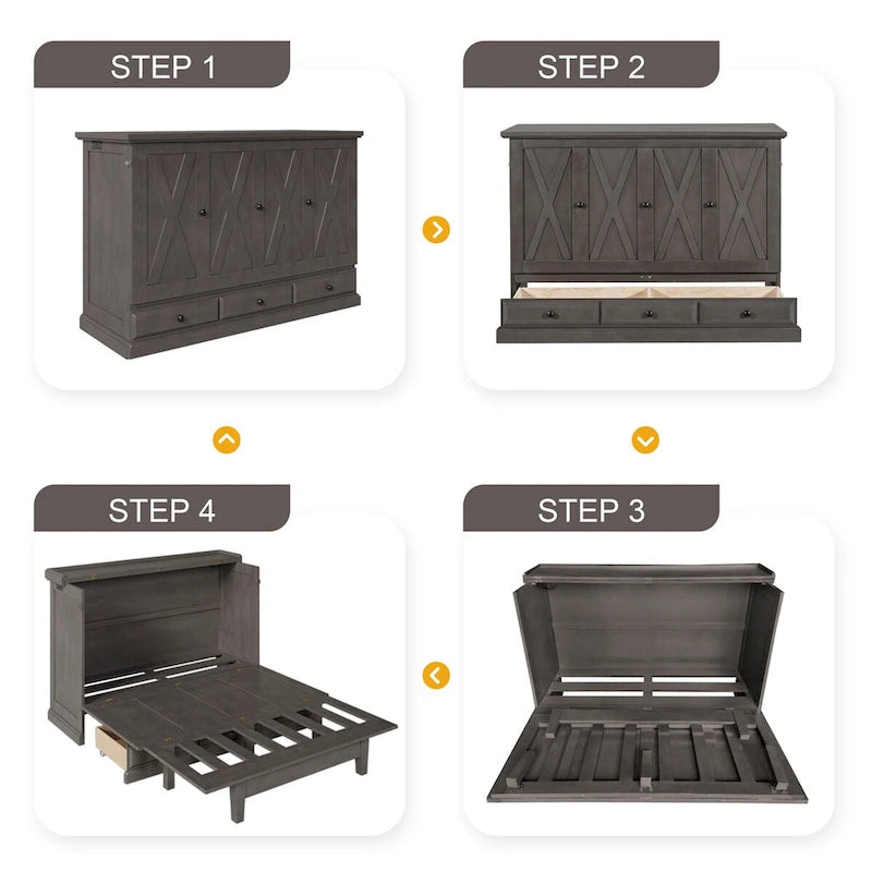 Lit escamotable en pin massif avec commode, station de recharge et grand tiroir de rangement pour petite chambre, format standard.-8