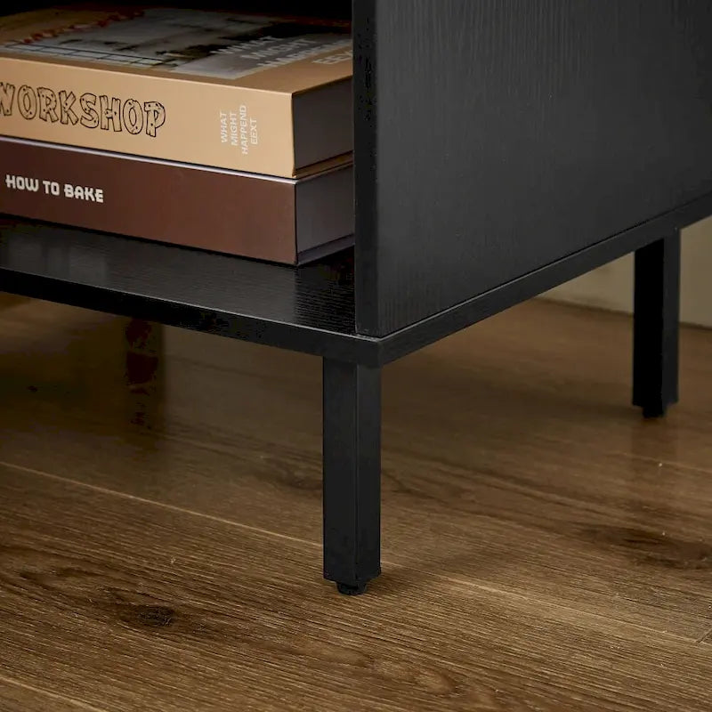 Table de chevet vintage avec tiroir à lattes et étagère ouverte, lot de 2-2