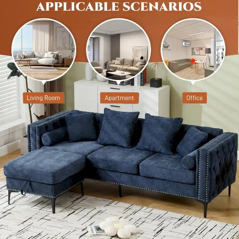 Canapé d'angle convertible moderne en chenille capitonnée en forme de L-6