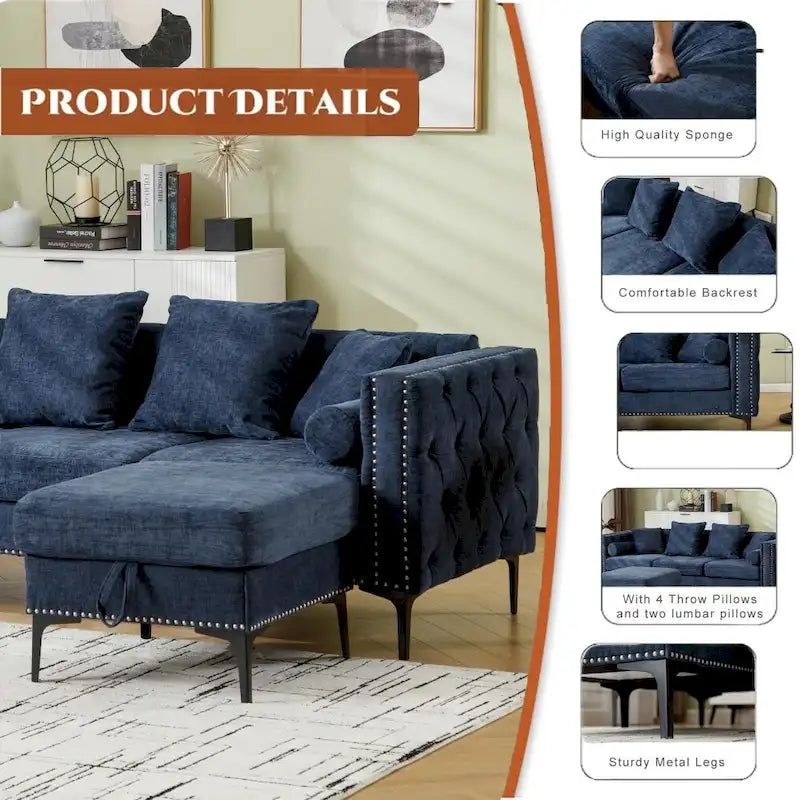 Canapé d'angle convertible moderne en chenille capitonnée en forme de L-7