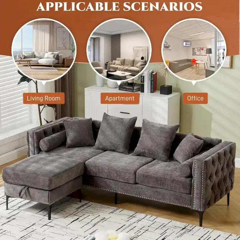 Canapé d'angle convertible moderne en chenille capitonnée en forme de L-15